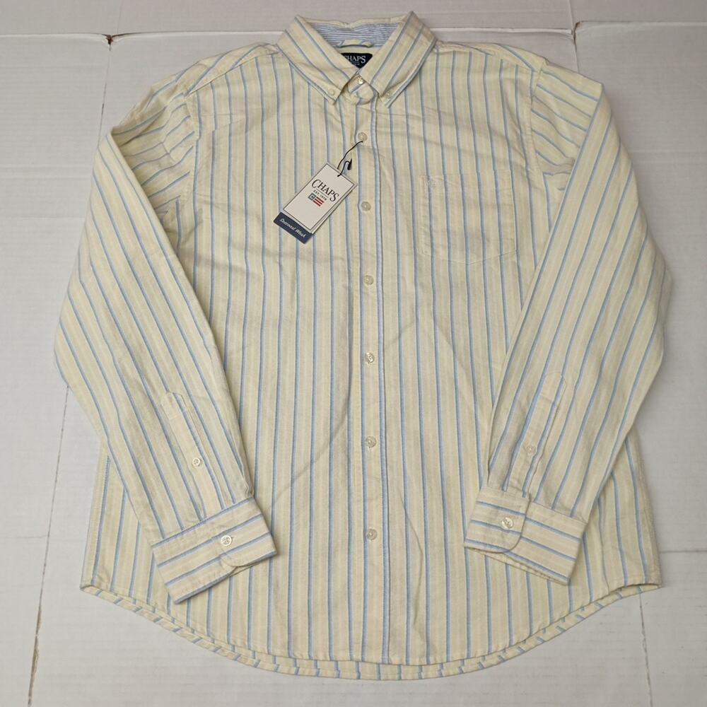Chaps Seacoast Oxford Woven Shirt Men L Yellow White Striped